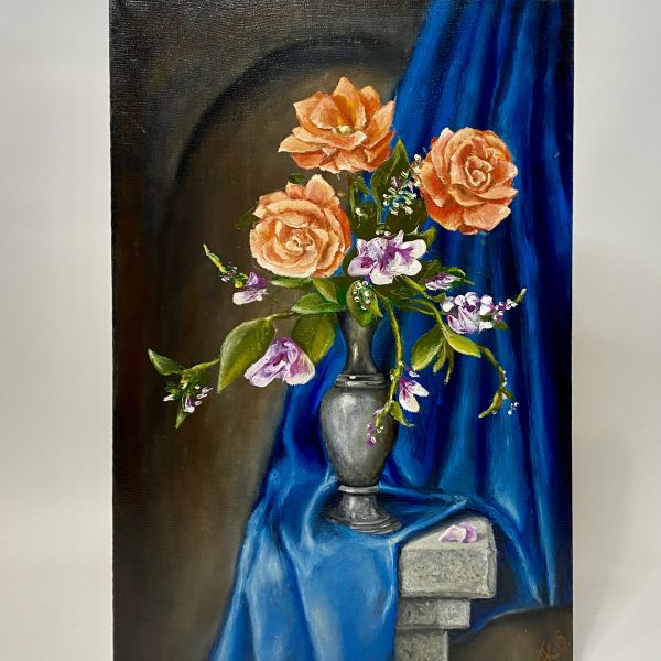купить Картина "Серая ваза и синяя штора" 40*60 см. масло, холст в мск