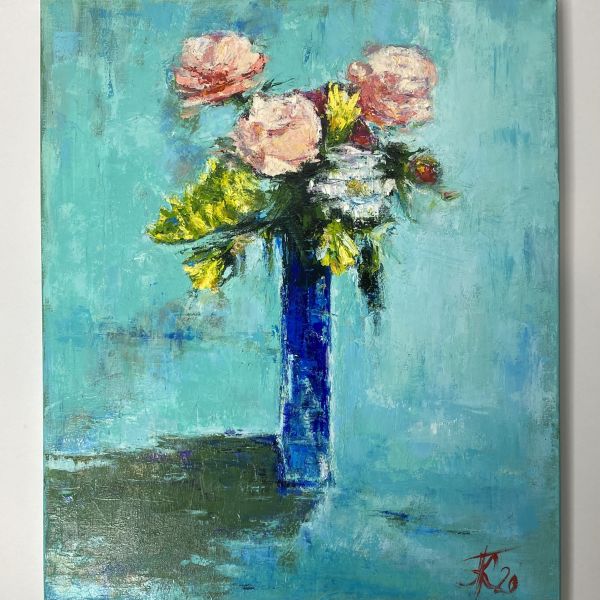 купить Картина "Цветы пионы в синей вазе" 50*60,5 см. масло, холст в мск