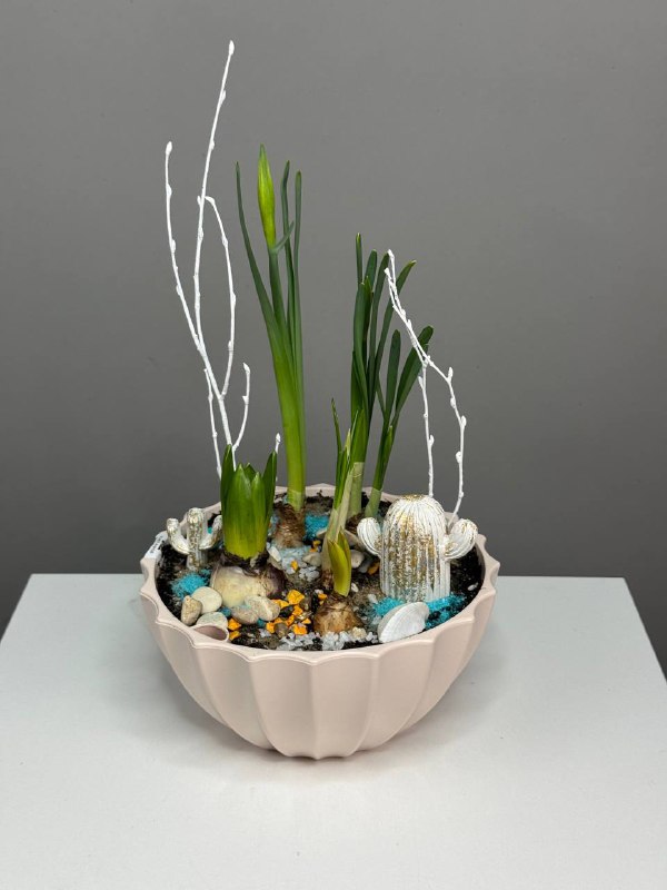 Композиция с первоцветами Оазис в пустыни с гиацинтами, нарциссами и крокусом (1)