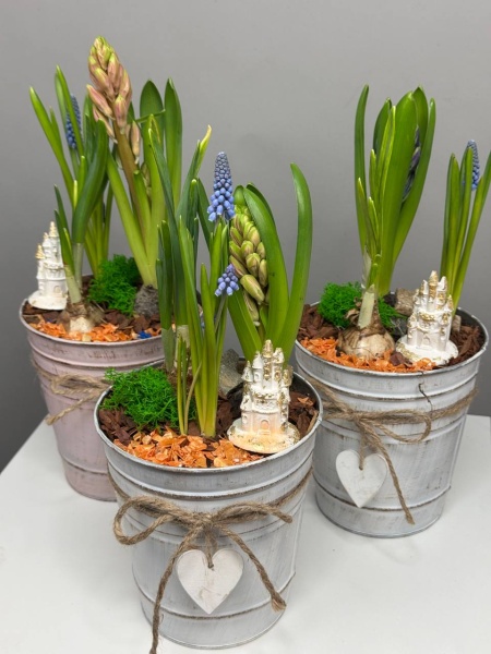 Композиция с первоцветами Загадочный мир с гиацинтом, нарциссом и мускариком (2)