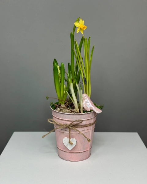 Композиция в ведерке с первоцветами, мхом, птичкой (1)
