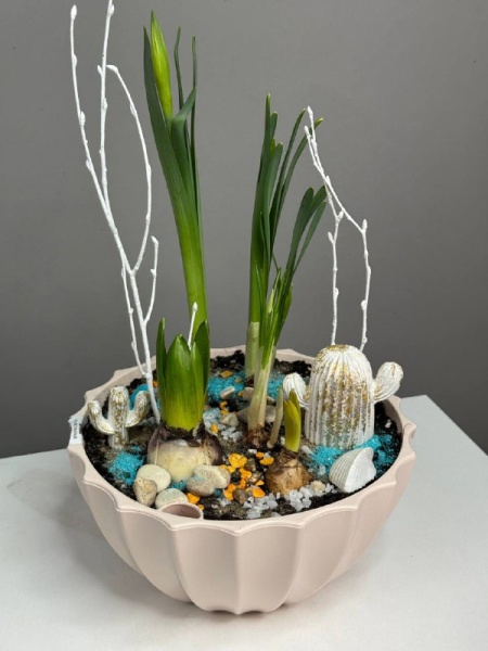 Композиция с первоцветами Оазис в пустыни с гиацинтами, нарциссами и крокусом (4)